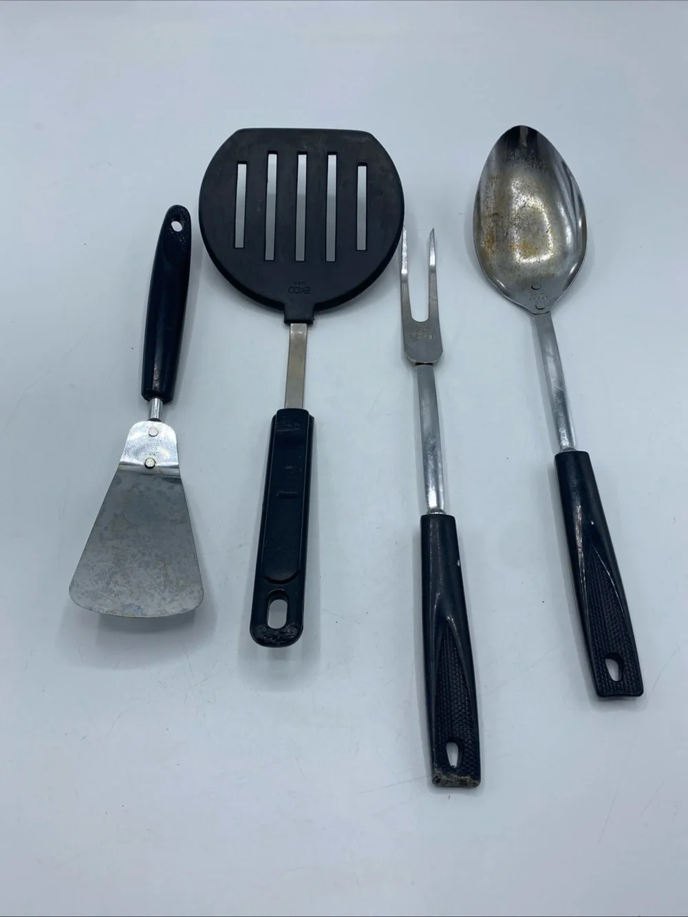 Vintage EKCO Stainless USA Kitchen Utensil Set 4 Black Handles Spatula Fork